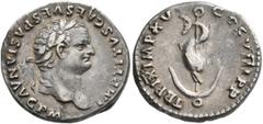 Roman Imperial Titus, 79-81. Denarius (Silver, 18 mm, 3.41 g, 6 h), Rome, 80. IMP TITVS CAES VESPASIAN AVG P M Laureate head of Titus to right. Rev. TR P IX IMP XV COS VIII P P Dolphin coiled around a