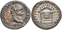 Roman Imperial Titus, 79-81. Denarius (Silver, 17 mm, 2.89 g, 6 h), Rome, January-June 80. IMP•TITVS CAES VESPASIAN AVG P M• Laureate head of Titus to right. Rev. TR P IX IMP XV COS VIII P P Draped pu