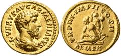 Roman Imperial Lucius Verus, 161-169. Aureus (Gold, 19 mm, 7.12 g, 6 h), Rome, 163. •L•VERVS AVG ARMENIACVS Bare-headed, draped and cuirassed bust of Lucius Verus to right, seen from behind. Rev. TR P