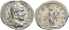 Roman Imperial Macrinus, 217-218. Denarius (Silver, 19 mm, 2.69 g, 6 h), Rome, March-June 218. IMP C M OPEL SEV MACRINVS AVG Laureate and draped bust of Macrinus to right, seen from behind. Rev. P M T