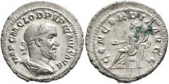 Roman Imperial Pupienus, 238. Denarius (Silver, 20 mm, 3.00 g, 11 h), Rome, circa April-June 238. IMP C M CLOD PVPIENVS AVG Laureate, draped and cuirassed bust of Pupienus to right, seen from behind. 