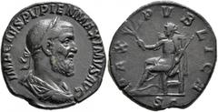 Roman Imperial Pupienus, 238. Sestertius (Orichalcum, 28 mm, 15.92 g, 11 h), Rome, circa April-June 238. IMP CAES M CLOD PVPIENVS AVG Laureate, draped and cuirassed bust of Pupienus to right, seen fro