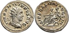 Roman Imperial Philip II, 247-249. Antoninianus (Silver, 22 mm, 3.84 g, 12 h), Rome, 248. IMP PHILIPPVS AVG Radiate, draped and cuirassed bust of Philip II to right, seen from behind. Rev. LIBERALITAS