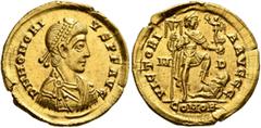 Roman Imperial Honorius, 393-423. Solidus (Gold, 21 mm, 4.45 g, 6 h), Mediolanum, 397-402. D N HONORI-VS P F AVG Pearl-diademed, draped and cuirassed bust of Honorius to right. Rev. VICTORI-A AVGGG / 