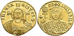 Byzantine Michael III "the Drunkard", 842-867. Solidus (Gold, 20 mm, 4.31 g, 6 h), Constantinopolis, 856-867. IҺSЧS XRISTOS✱ Half-length bust of Christ Pantokrator facing with cross behind, raising hi