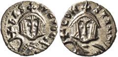 Byzantine Basil I the Macedonian, with Constantine, 867-886. Semissis (Electrum, 13 mm, 0.90 g, 6 h), Syracuse, circa 860-866. bASILЄIOC Facing bust of Basil I, wearing crown surmounted by cross and l