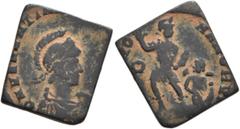 Weights BYZANTINE. 4th-6th centuries. Weight of 1 Nomisma (Bronze, 14x17 mm, 3.15 g, 12 h), a square coins weight made from a follis of Valentinian II (375-392). D N VALENTIN[IANVS P F AVG] Pearl-diad