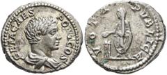 Roman Imperial Geta, as Caesar, 198-209. Denarius (Silver, 19 mm, 4.01 g, 6 h), Rome, 205. GETA CAES PONT Bare-headed and draped bust of Geta to right, seen from behind. Rev. VOTA PVBLICA Geta, veiled