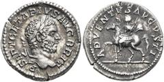 Roman Imperial Geta, 209-211. Denarius (Silver, 19 mm, 3.44 g, 6 h), Rome. P SEPT GETA PIVS AVG BRIT Laureate head of Geta to right. Rev. ADVENTVS AVGVSTI Geta on horseback to left, raising his right 