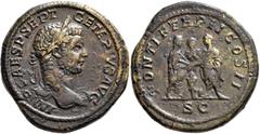 Roman Imperial Geta, 209-211. Sestertius (Orichalcum, 33 mm, 26.73 g, 6 h), Rome, 210. IMP CAES P SEPT GETA PIVS AVG Laureate head of Geta to right. Rev. PONTIF TR P II COS II / S C Caracalla and Geta