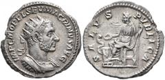 Roman Imperial Macrinus, 217-218. Antoninianus (Silver, 22 mm, 5.28 g, 12 h), Rome, spring-summer 217. IMP C M OPEL SEV MACRINVS AVG Radiate and cuirassed bust of Macrinus to right. Rev. SALVS PVBLICA