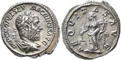 Roman Imperial Macrinus, 217-218. Denarius (Silver, 20 mm, 3.11 g, 7 h), Rome, March-June 218. IMP C M OPEL SEV MACRINVS AVG Laureate and draped bust of Macrinus to right, seen from behind. Rev. AEQVI