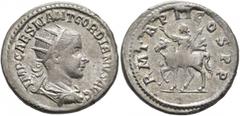 Roman Imperial Gordian III, 238-244. Antoninianus (Silver, 22 mm, 5.00 g, 6 h), Antiochia, 239. IMP CAES M ANT GORDIANVS AVG Radiate, draped and cuirassed bust of Gordian III to right, seen from behin