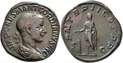 Roman Imperial Gordian III, 238-244. Sestertius (Orichalcum, 30 mm, 21.79 g, 1 h), Rome, 239. IMP CAES M ANT GORDIANVS AVG Laureate, draped and cuirassed bust of Gordian III to right, seen from behind