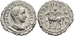 Roman Imperial Gordian III, 238-244. Denarius (Silver, 21 mm, 2.59 g, 1 h), Rome, 240. IMP GORDIANVS PIVS FEL AVG Laureate, draped and cuirassed bust of Gordian III to right, seen from behind. Rev. P 