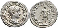 Roman Imperial Gordian III, 238-244. Denarius (Silver, 22 mm, 3.12 g, 12 h), Rome, 240. IMP GORDIANVS PIVS FEL AVG Radiate, draped and cuirassed bust of Gordian III to right, seen from behind. Rev. P 