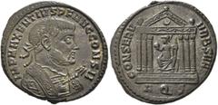 Roman Imperial Maxentius, 307-312. Follis (Bronze, 25 mm, 6.06 g, 7 h), Aquileia, beginning of 308-spring/summer 309. IMP MAXENTIVS P F AVG CONS II Laureate bust of Maxentius to right in consular robe