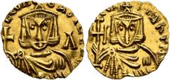 Byzantine Leo V the Armenian, with Constantine, 813-820. Tremissis (Gold, 14 mm, 1.24 g, 6 h), Syracuse. LЄOn bASILЄ Facing bust of Leo V, wearing crown surmounted by cross and chlamys, holding globus