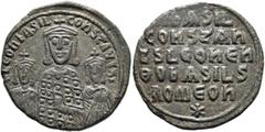 Byzantine Basil I the Macedonian, with Constantine and Leo VI, 867-886. Follis (Bronze, 26 mm, 6.83 g, 5 h), Constantinopolis, 870-879. + LЄOҺ bASIL COҺST AЧGG Facing half-length figures of Basil in c