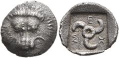 Greek DYNASTS OF LYCIA. Mithrapata, circa 390-370 BC. Diobol (Silver, 13 mm, 1.33 g), uncertain mint. Facing lion's scalp. Rev. 𐊎-𐊆-𐊉 ('Mith' in Lycian) Triskeles; to left, arrow; all within incuse