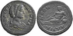 Roman Provincial MYSIA. Hadrianaea. Julia Domna, Augusta, 193-217. Diassarion (Bronze, 22 mm, 5.86 g, 6 h). I ΔΟΜΝΑ CЄBACTH Draped bust of Julia Domna to right. Rev. ΑΔΡΙΑΝЄΩΝ River-god reclining left