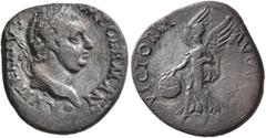 Roman Imperial Vitellius, 69. Denarius (Silver, 18 mm, 3.41 g, 2 h), Lugdunum. A VITELLIVS IMP GERMAN Laureate head of Vitellius to left, with small globe below point of bust. Rev. VICTORIA AVGVSTI Vi