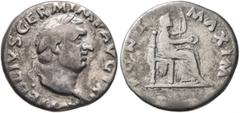 Roman Imperial Vitellius, 69. Denarius (Silver, 17 mm, 3.13 g, 7 h), Rome, circa late April–20 December 69. A VITELLIVS GERM IMP AVG TR P Laureate head of Vitellius to right. Rev. PONT MAXIM Vesta, ve