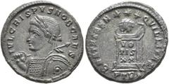 Roman Imperial Crispus, Caesar, 316-326. Follis (Bronze, 19 mm, 3.19 g, 6 h), Treveri, 322. IVL CRISPVS NOB CAES Laureate and cuirassed bust of Crispus to left, holding spear over his right shoulder a