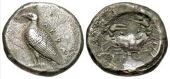 Greek Coins Sicily, Akragas. Ca. 510-480 B.C. AR didrachm (19 mm, 8.65 g, 11 h). AKRA, eagle standing left / Crab. Jenkins grp. III; SNG ANS 939. Toned, light corrosion on reverse. Very fine. From the