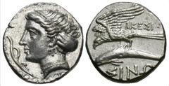 Greek Coins Paphlagonia, Sinope. Ca. 330-300 B.C. AR drachm (18 mm, 6.04 g, 6 h). Ikesio..., magistrate. Head of nymph left, hair bound in sakkos; before, aphlaston / ΣΙΝΩ, sea eagle on dolphin left. 