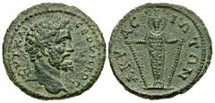 Roman Provincial Coins Lydia, Acrasus. Septimius Severus. A.D. 193-211. Æ (25 mm, 7.74 g, 6 h). AVT KAI CЄOVHPOC, laureate head of Septimius Severus right / AKP-AC-IΩ-TΩN, cult statue of Artemis Ephes