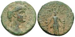 Roman Provincial Coins Lydia, Maeonia. Nero. A.D. 54-68. Æ (17 mm, 3.86 g, 1 h). Ca. A.D. 65. Laureate head of Nero right / Cult statue of Artemis holding two torches facing. RPC 3013. Earthen-green p