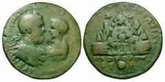 Roman Provincial Coins Cappadocia, Caesareia-Eusebia. Macrinus, with Diadumenian, as Caesar. A.D. 217-218. Æ (36 mm, 27.55 g, 12 h). RY 2 (A.D. 218). Laureate, draped and cuirassed bust of Macrinus ri