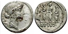 Roman Republican Coins M. Junius Brutus (Q. Servilius Caepio Brutus). 54 B.C. Fourrée denarius (18 mm, 2.97 g, 12 h). Rome. LIBERTAS behind, head of Libertas right, jewels in hair above forehead / BRV