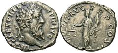 Roman Imperial Coins Pertinax. A.D. 193. AR denarius (17 mm, 2.86 g, 6 h). Rome. IMP CAES P HELV [PE]RTIN AVG, laureate head of Pertinax right / [A]EQVIT AVG TR P COS II, Aequitas standing facing, hea