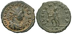 Roman Imperial Coins Tacitus. A.D. 275-276. Æ antoninianus (23 mm, 3.05 g, 11 h). Tripolis. IMP C M CL TACITVS AVG, radiate, draped and cuirassed bust of Tacitus right / CLEMENTIA TEMP, Mars tanding l