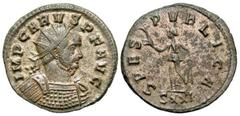 Roman Imperial Coins Carus. A.D. 282-283. Æ antoninianus (22 mm, 3.36 g, 6 h). Ticinum. IMP CARVS P F AVG, radiate and cuirassed bust of Carus right / SPES PVBLICA, Spes advancing left, holding flower