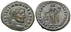 Roman Imperial Coins Galerius. As Caesar, A.D. 293-305. Æ follis (28 mm, 9.28 g, 5 h). Ticinum, A.D. 304/5. MAXIMIANVS NOB CAES, laureate head of Galerius right / SACRA MONET AVGG ET CAESS NOSTR, Mone