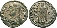 Roman Imperial Coins Licinius I. A.D. 308-324. Æ follis (19 mm, 2.99 g, 6 h). Nicomedia, A.D. 317/8. IMP LICI-NIVS AVG, laureate bust of Licinius I left, wearing consular robes, holding mappa, globe a