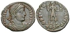 Roman Imperial Coins Valentinian I. A.D. 364-375. Æ (18 mm, 1.84 g, 4 h). Thessalonica, A.D. 364-367. D N VALENTINI-ANVS P F AVG, diademed, draped and cuirassed bust of Valentinian I right / RESTITV-T