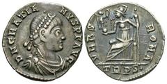Roman Imperial Coins Gratian. A.D. 367-383. AR siliqua (17 mm, 1.82 g, 12 h). Treveri, A.D. 367-375. D N GRATIA-NVS P F AVG, pearl-diademed, draped and cuirassed bust of Gratian right / VRBS ROMA, Rom