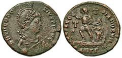 Roman Imperial Coins Theodosius I. A.D. 379-395. Æ (21 mm, 5.21 g, 5 h). Antioch, A.D. 383-388. D N THEODOSIVS P F AVG, diademed, helmeted, draped and cuirassed bust of Theodosius I right / GLORIA ROM