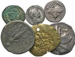 Group Lots [Miscellaneous]. Lot of six AV, AR and Æ. Includes: Seleukid Kingdom. Antioch I. AR tetradrachm // Seleukid Kingdom. Antiochos IX. AR tetradrachm // C. Terentius Lucanus. AR denarius. Ex Co