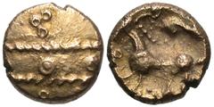 Celtic Coins Britain, Southern Region. Regni & Atrebates. Early uninscribed issues. Ca. 60-50 B.C. AV 1/4 stater (8 mm, 1.18 g). Selsey Tramlines type. Two lines of wreath separated by pellets, triple