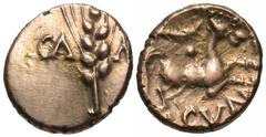 Celtic Coins Britain, North Thames Region. Catuvellauni & Trinovantes. Cunobelinus. Ca. A.D. 8-41. AV 1/4 stater (11 mm, 1.35 g, 10 h). Cunobelinus Plastic type. Camulodunum. CA-M[V], grain ear lackin