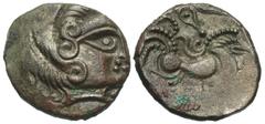 Celtic Coins Northwest Gaul, Coriosolites. Ca. 100-50 B.C. BI stater (20 mm, 6.26 g, 12 h). Head with wild hair right / Rider on horseback left; symbol above. Delestrée & Tache 2341. Toned. Very fine.