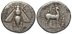 Greek Coins Ionia, Ephesos. Ca. 202-133 B.C. AR drachm (18 mm, 3.81 g, 12 h). Timotheos, magistrate. E-Φ, bee / Stag standing right; in background, palm tree; in right field, magistrate's name: TIMOΘE