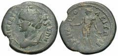 Roman Provincial Coins Lydia, Tripolis. Pseudo-autonomous issue. 2nd century A.D. Æ (24 mm, 7.61 g, 6 h). Draped bust of Artemis left, bow and quiver at shoulder / Apollo standing facing, head left, h