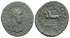 Roman Provincial Coins Cilicia, Anazarbus. Volusian. A.D. 251-253. Æ triassarion (24 mm, 8.63 g, 6 h). Radiate, draped and cuirassed bust of Volusian right / Nike, holding wreath and palm, driving gal