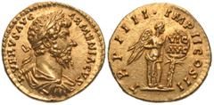 Roman Imperial Coins Lucius Verus. A.D. 161-169. AV aureus (19 mm, 7.32 g). L VERVS AVG ARMENIACVS, laureate, draped and cuirassed bust of Lucius Verus right / TR P IIII IMP II COS II, Victory standin